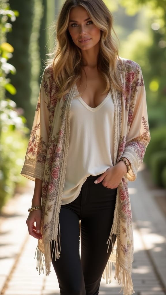 15 Comfy Summer Outfits for Lazy Days 11 boho chic kimono outfit