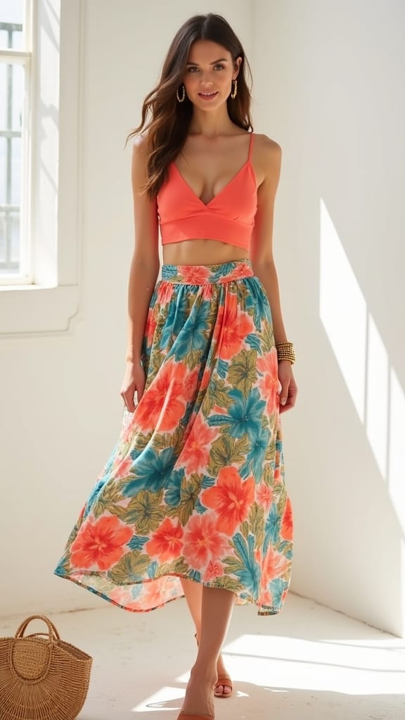 15 Cute Summer Outfits for a Stylish Look 9 breezy skirt and bralette combo