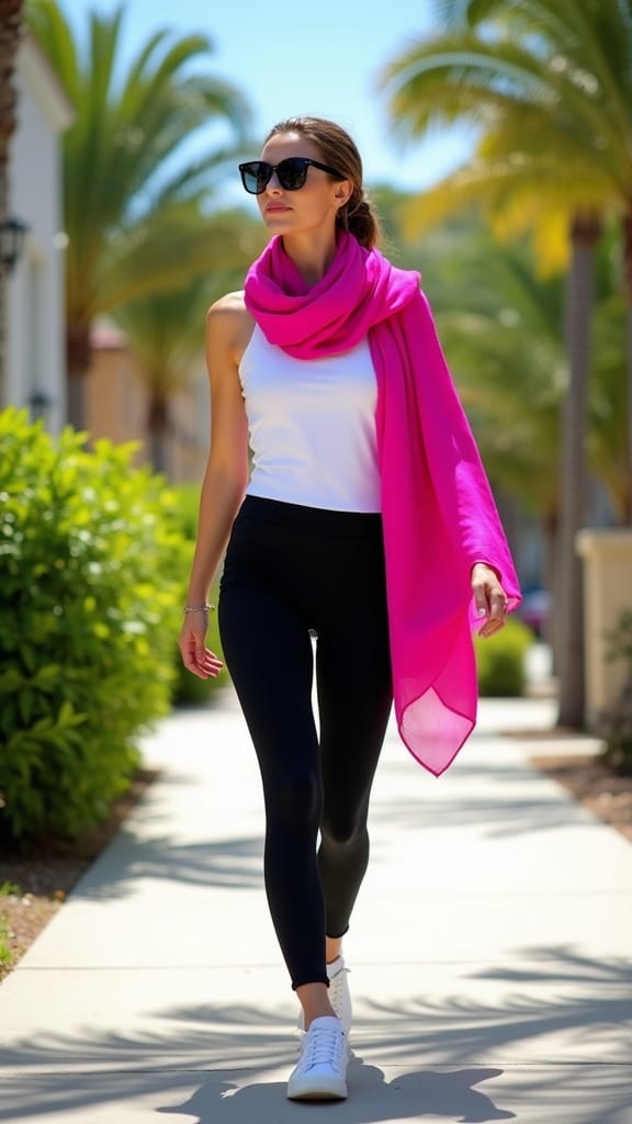 15 Leggings Outfits for Summer Comfortt 11 bright scarf adds vibrancy