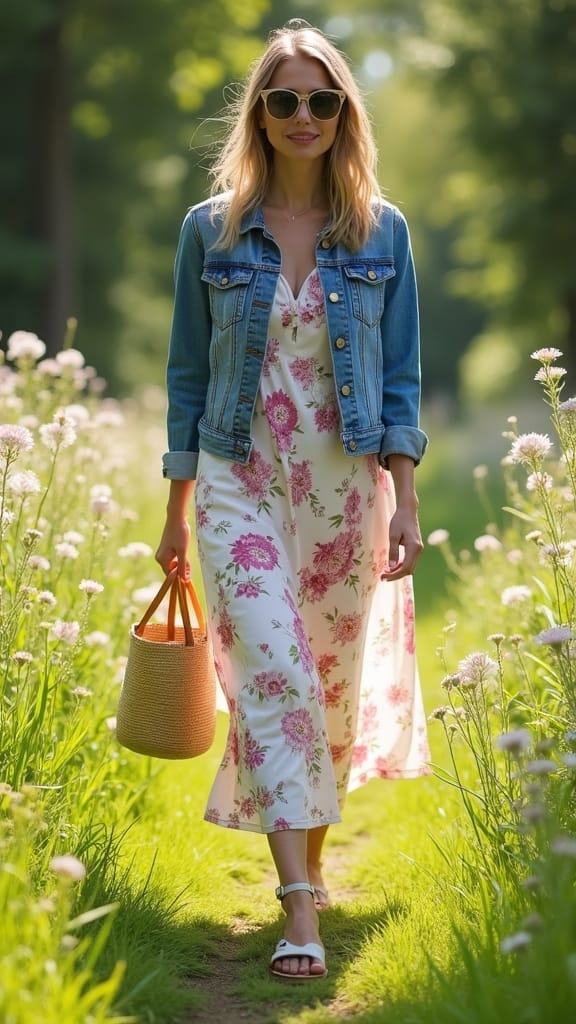 15 Midsize Summer Outfits for a Goodlook 6 denim jacket over sundress