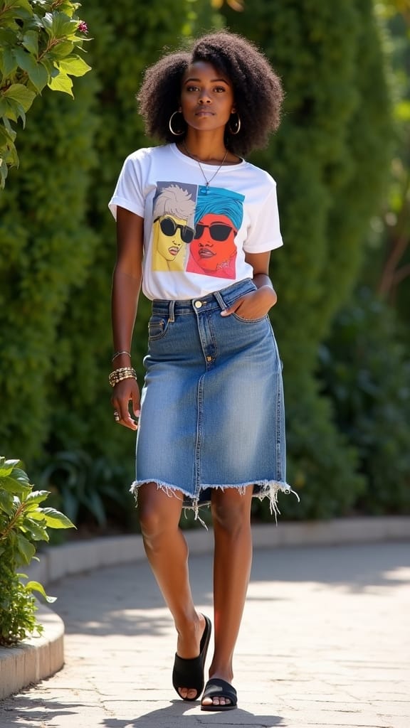 15 Summer Outfits for Black Women 6 denim skirt graphic tee