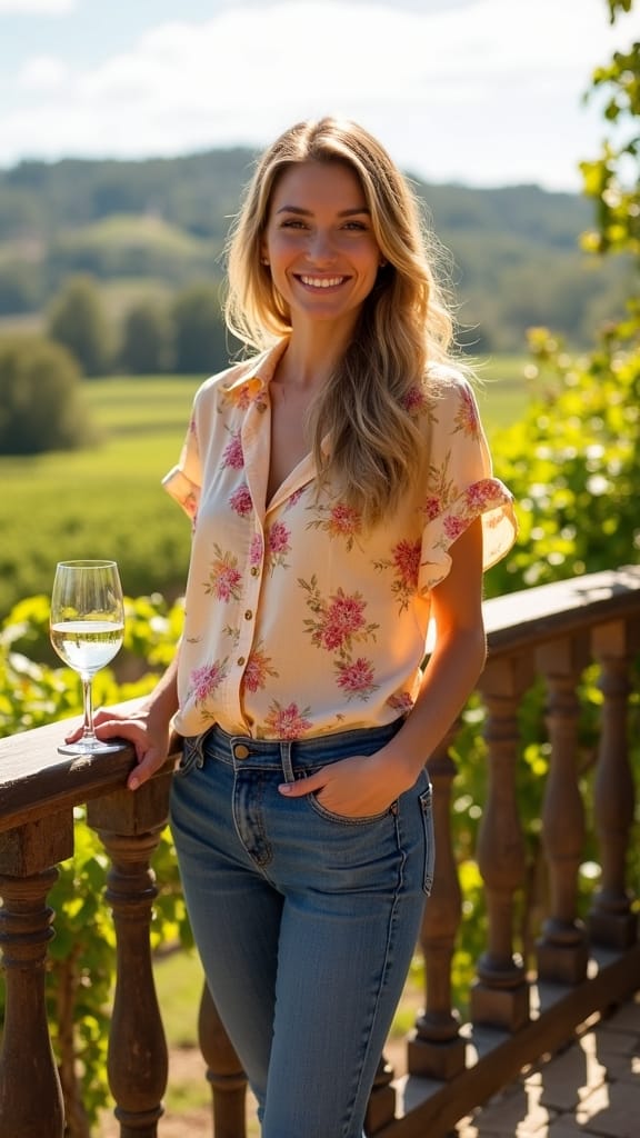 15 Winery Summer Outfits for a Day of Fun 9 floral blouse with cropped jeans