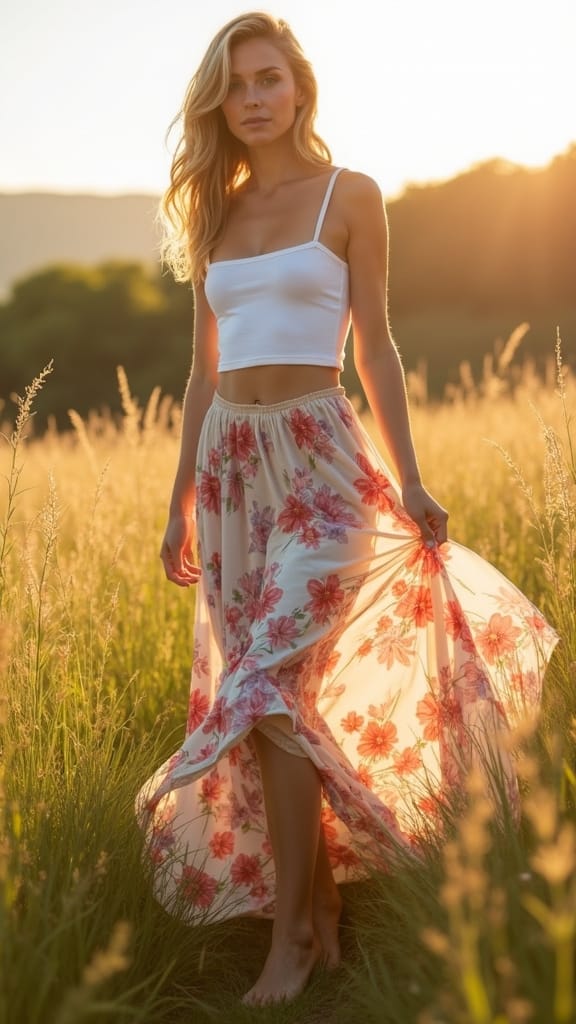 15 Long Skirt Outfits for Summer 1 floral maxi skirt outfit