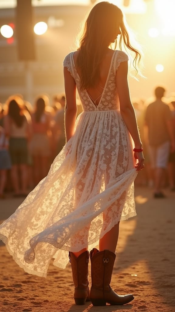15 Summer Concert Outfits to Rock the Event 15 lace dress cowboy boots style