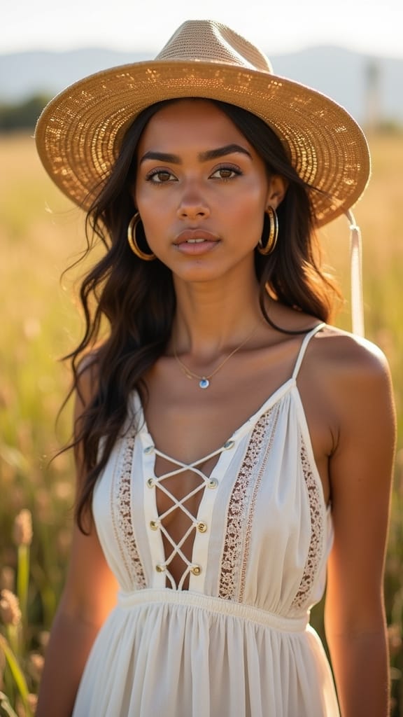 15 Latina Fashion Outfits for Summer Style 7 lace up dress floppy hat