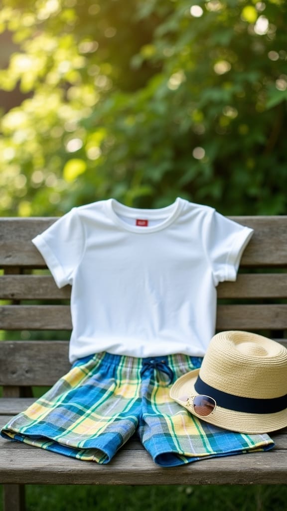 15 Preppy Summer Outfits for a Fresh Look 12 madras shorts solid tee