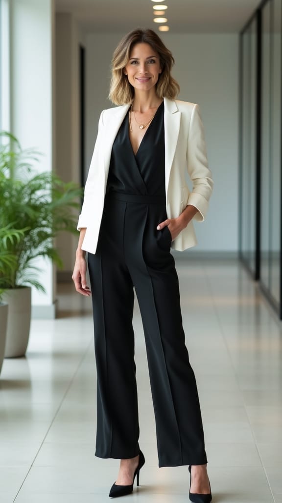 15 Summer Office Work Outfits 4 sleeveless jumpsuit with blazer
