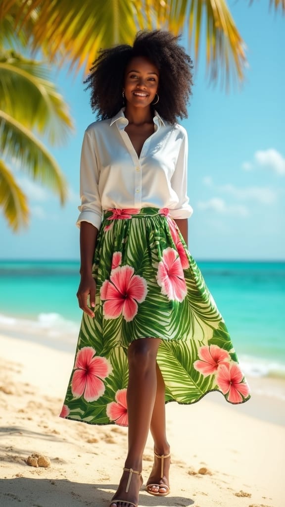 15 Summer Outfits for Black Women 12 tropical skirt breezy blouse