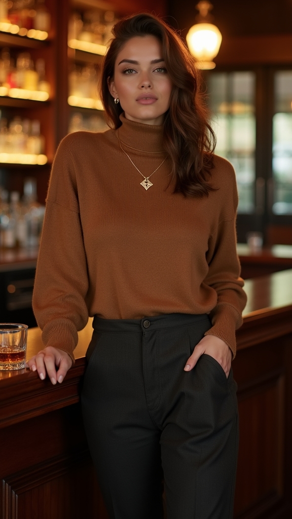 chic cashmere turtleneck ensemble