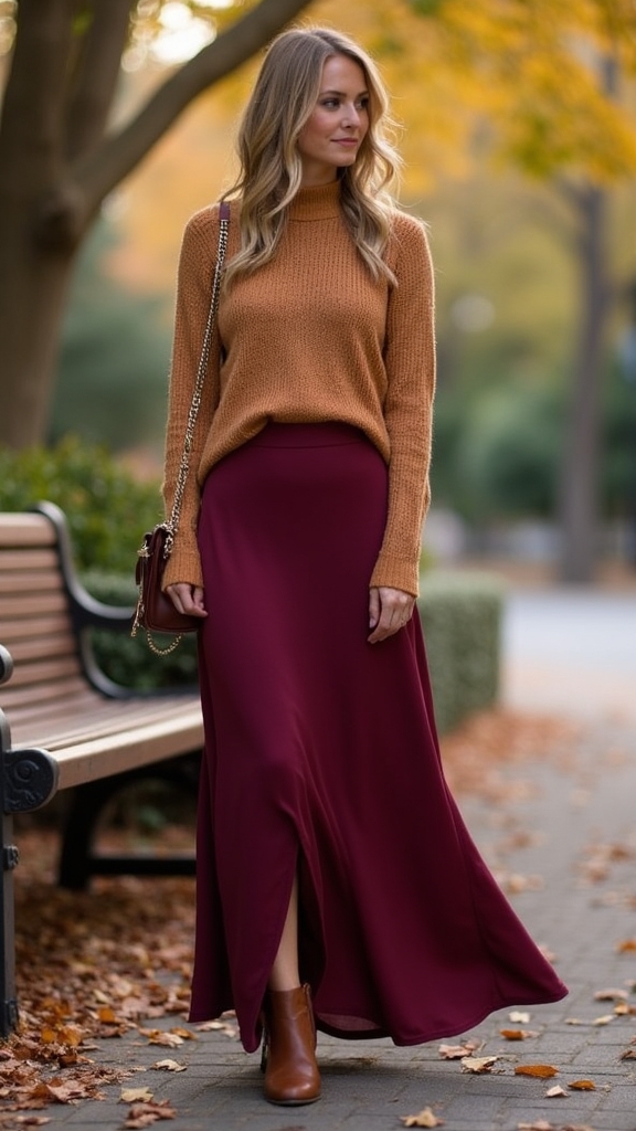 20 Chic Fall Long Skirt Outfits 12 chic slip skirt ensemble