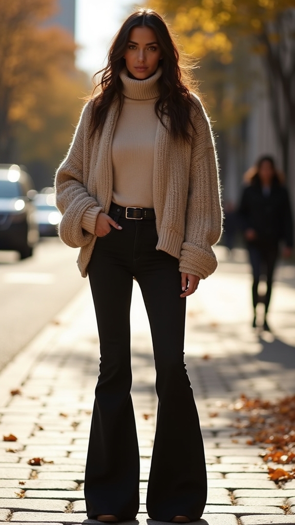 chunky cardigan with flared jeans