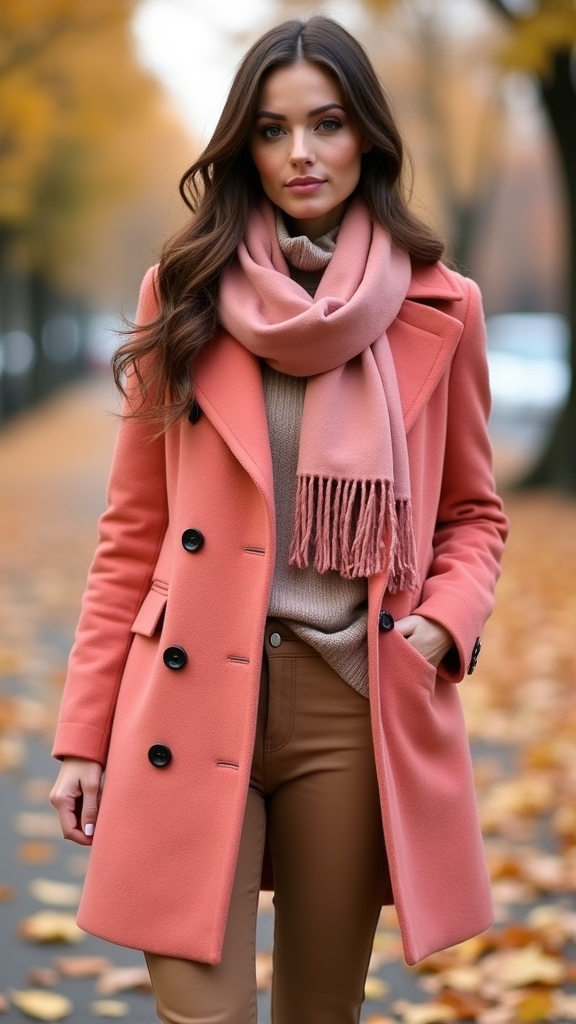 20 Chic Pink Fall Outfits 11 coral pink peacoat styling