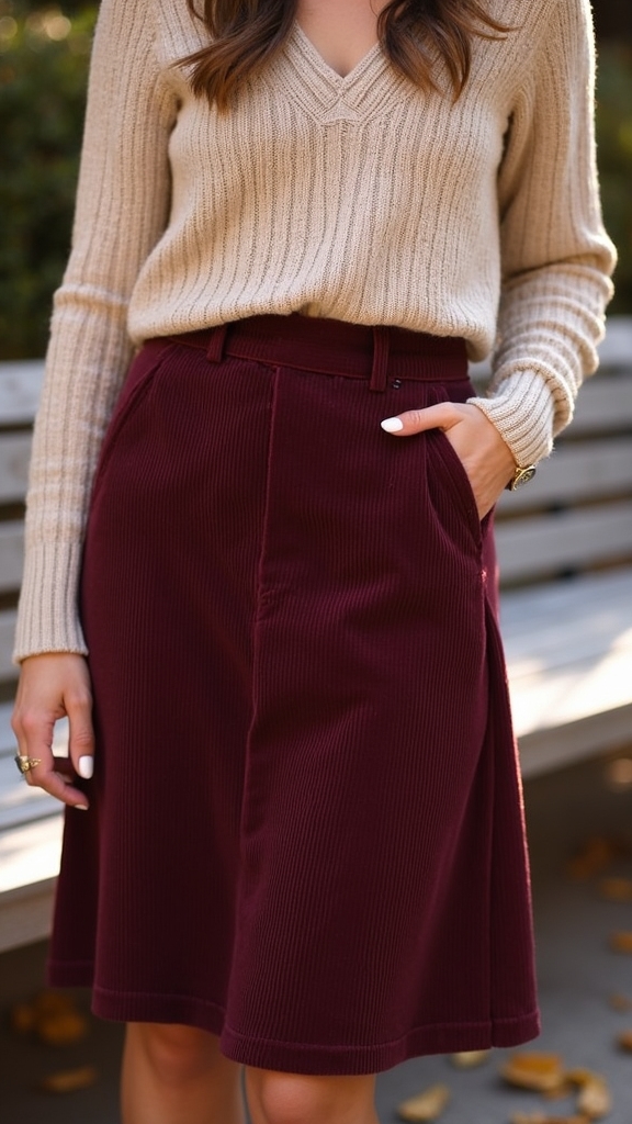 20 Chic Fall Long Skirt Outfits 6 corduroy skirt cropped pullover