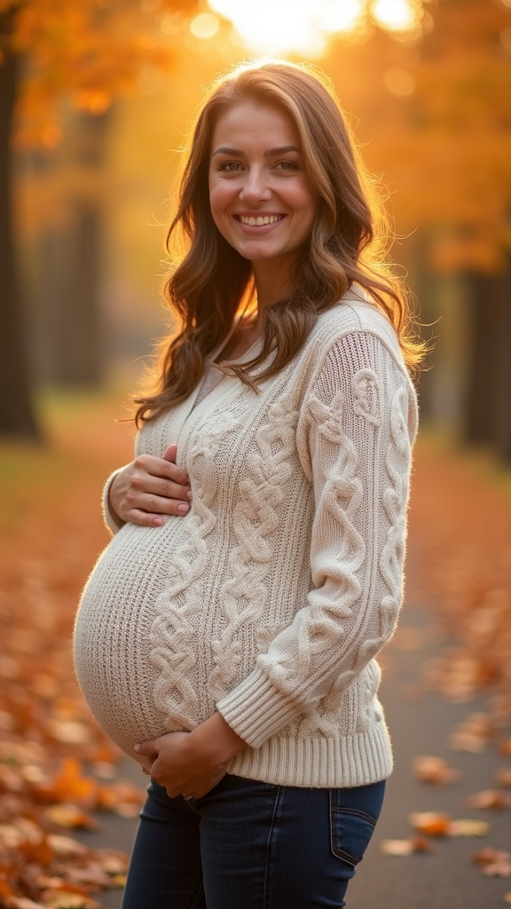 20 Cozy and Chic Fall Maternity Outfits 17 cozy cable knit combo