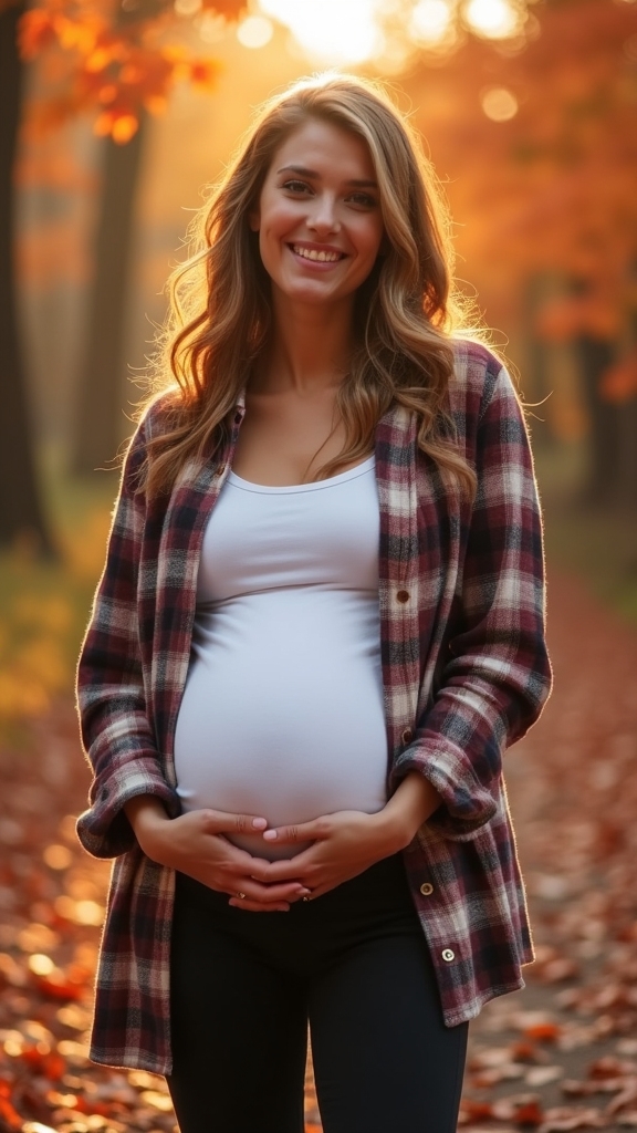 20 Cozy and Chic Fall Maternity Outfits 10 cozy flannel and leggings
