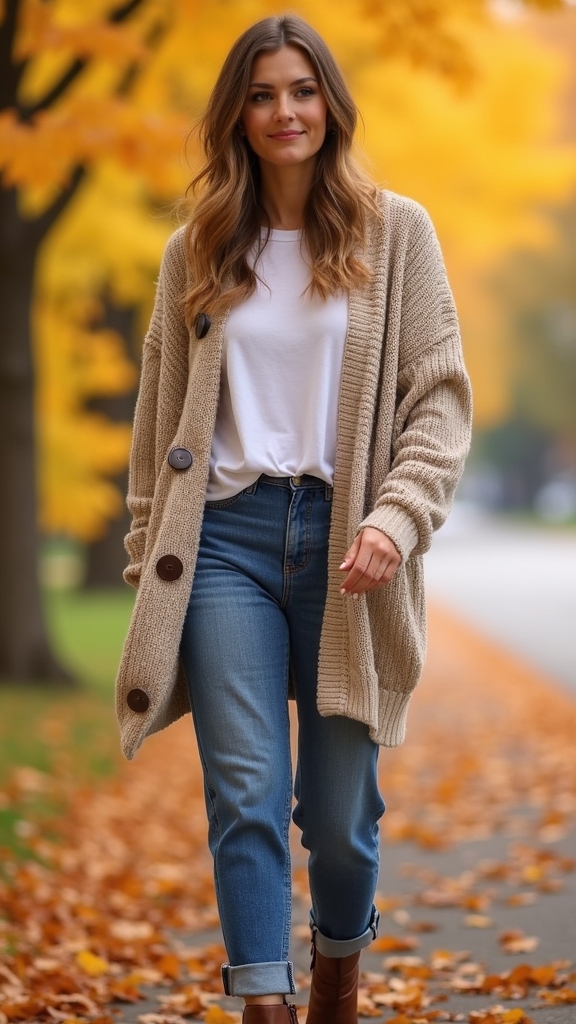 20 Chic Fall Jeans Outfits 7 cozy mom jeans cardigan