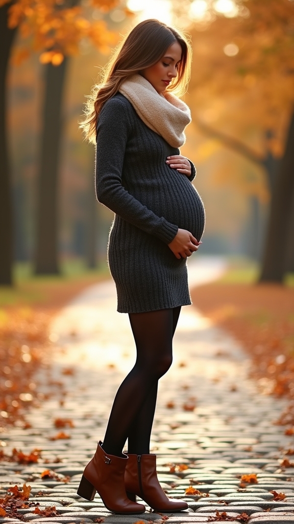 20 Cozy and Chic Fall Maternity Outfits 12 cozy sweater dress combination
