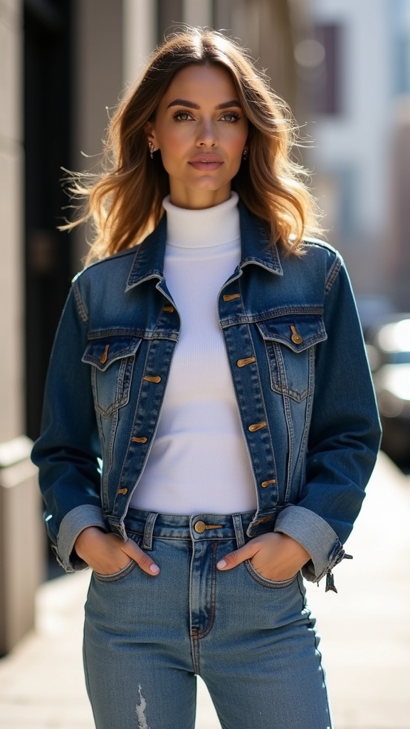 20 Chic Jean Jacket Outfits 19 cozy turtleneck mom jeans