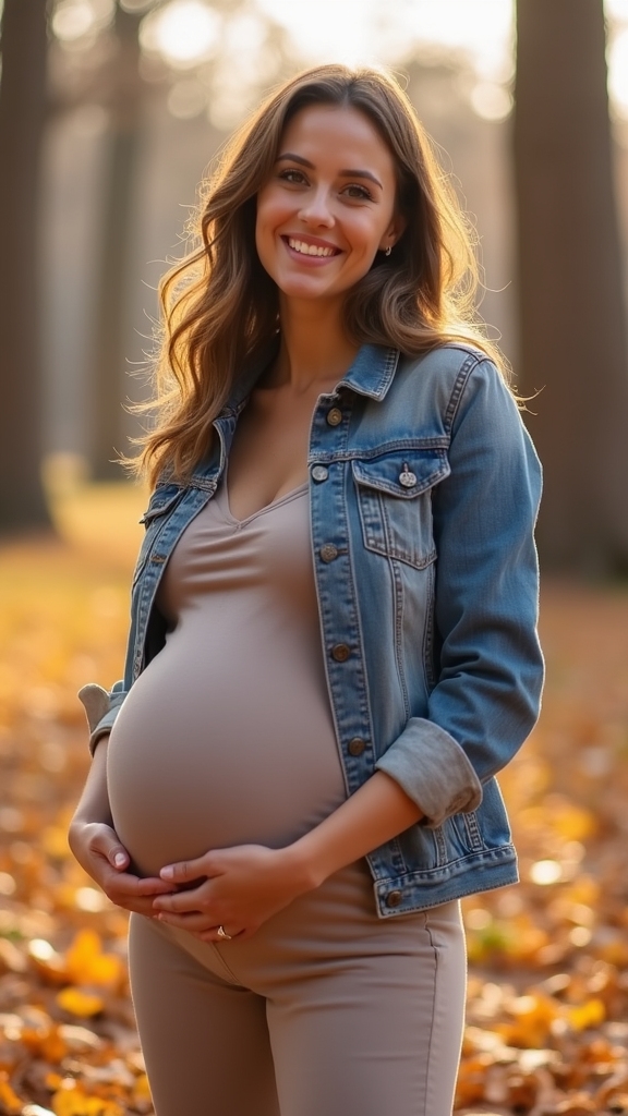 20 Cozy and Chic Fall Maternity Outfits 13 denim jacket maternity outfit
