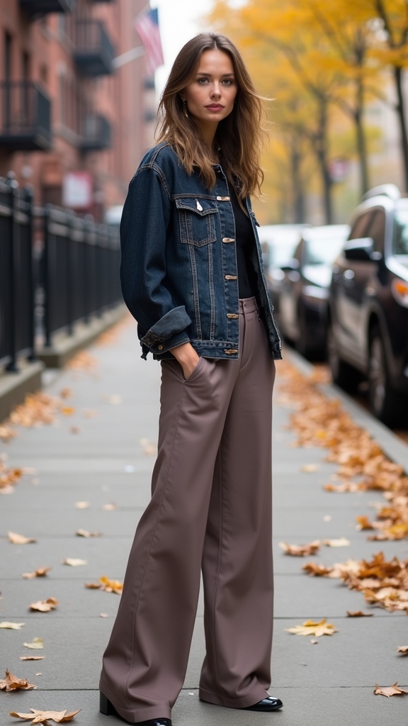 denim jacket wide leg pants
