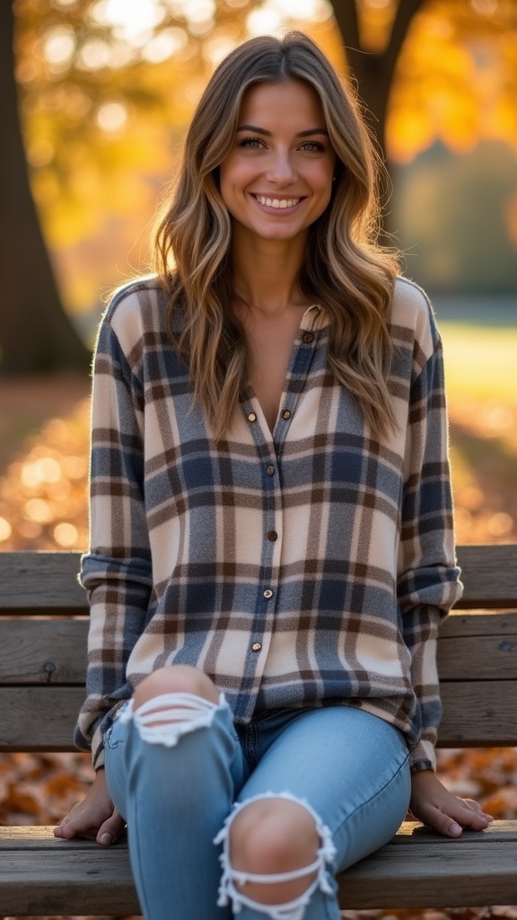 20 Cozy Fall Outfits for Lazy Days 8 flannel distressed denim casual