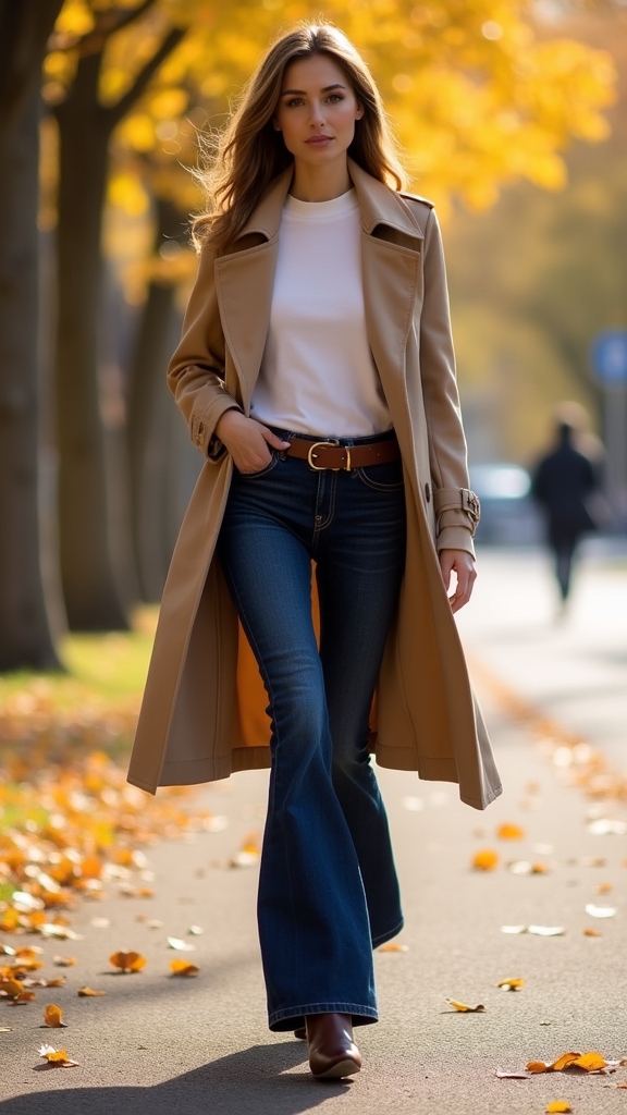 20 Chic Fall Jeans Outfits 12 flared jeans and trench coat