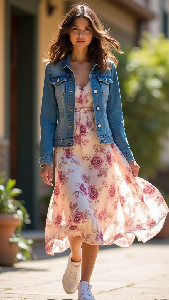 20 Chic Jean Jacket Outfits 18 floral dress denim jacket sneakers