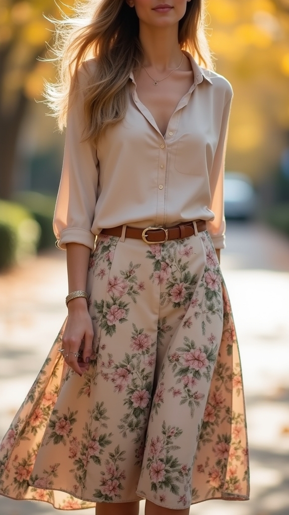 20 Chic Fall Long Skirt Outfits 5 floral skirt with neutral blouse