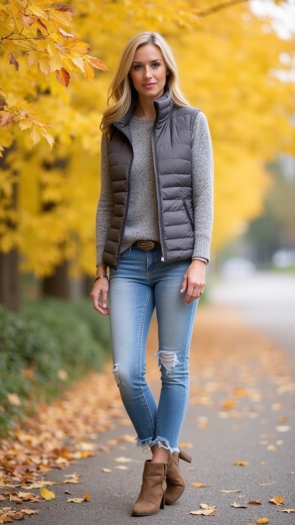 20 Chic Fall Jeans Outfits 9 frayed jeans and puffer