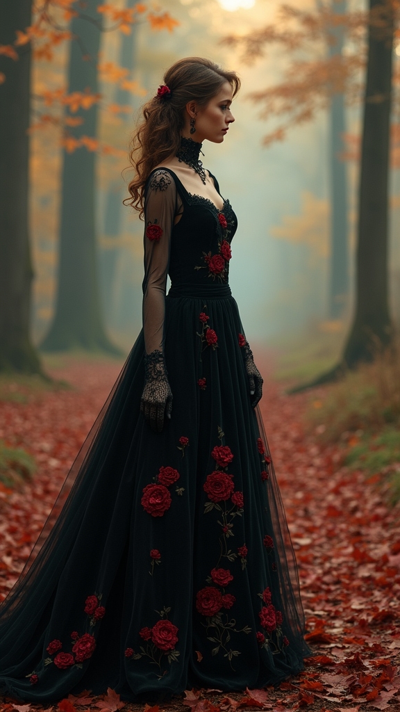 20 Hauntingly Beautiful Fall Goth Outfits 16 gothic floral wardrobe layering