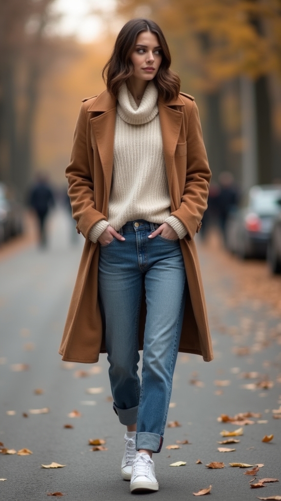 20 Cozy Fall Outfits for Lazy Days 7 layered coat casual sneakers