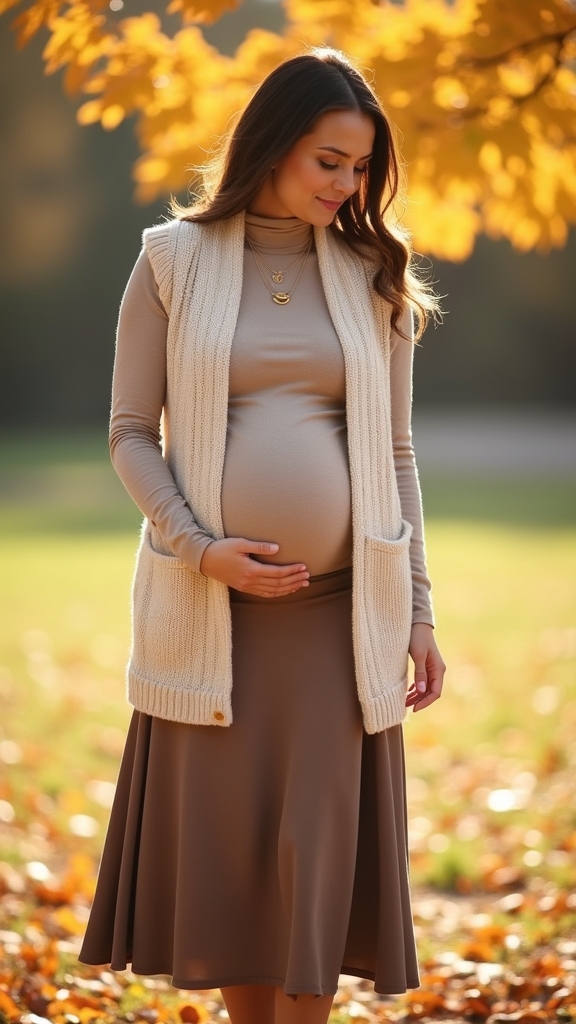 20 Cozy and Chic Fall Maternity Outfits 14 layered vest midi skirt