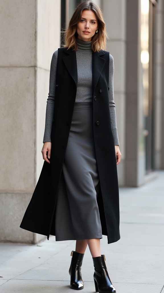 long vest turtleneck skirt