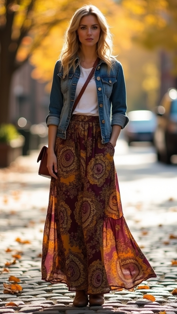 20 Chic Fall Long Skirt Outfits 16 maxi skirt denim jacket