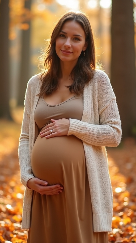 20 Cozy and Chic Fall Maternity Outfits 4 midi skirt and cardigan
