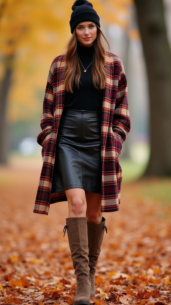 20 Cozy and Chic Baggy Fall Outfits 18 oversized flannel leather skirt