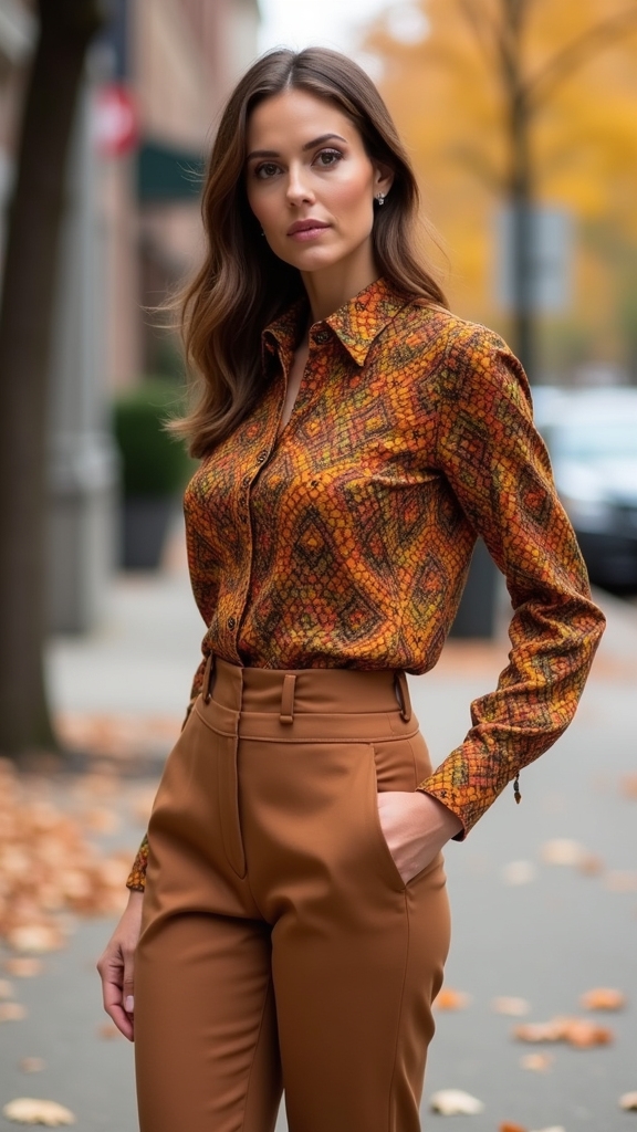 20 Chic Fall Work Outfits 18 patterned blouse high waisted pants