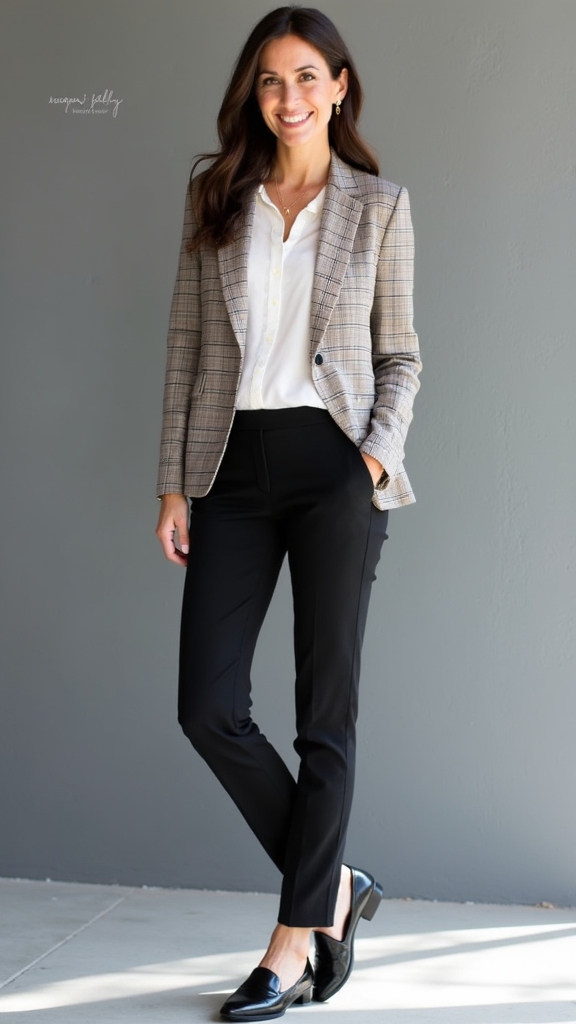 20 Chic Fall Work Outfits 10 plaid blazer black pants