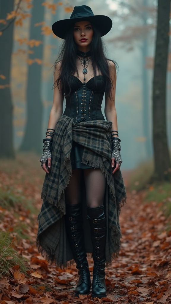 20 Hauntingly Beautiful Fall Goth Outfits 3 plaid leather witchy aesthetic