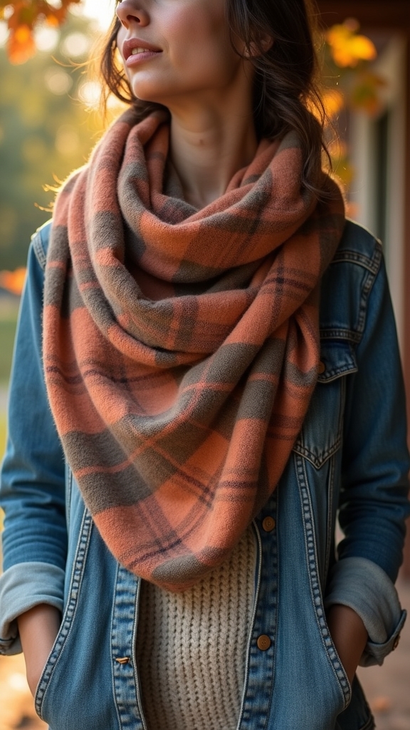 20 Cozy Fall Outfits for Lazy Days 2 plaid scarf denim jacket