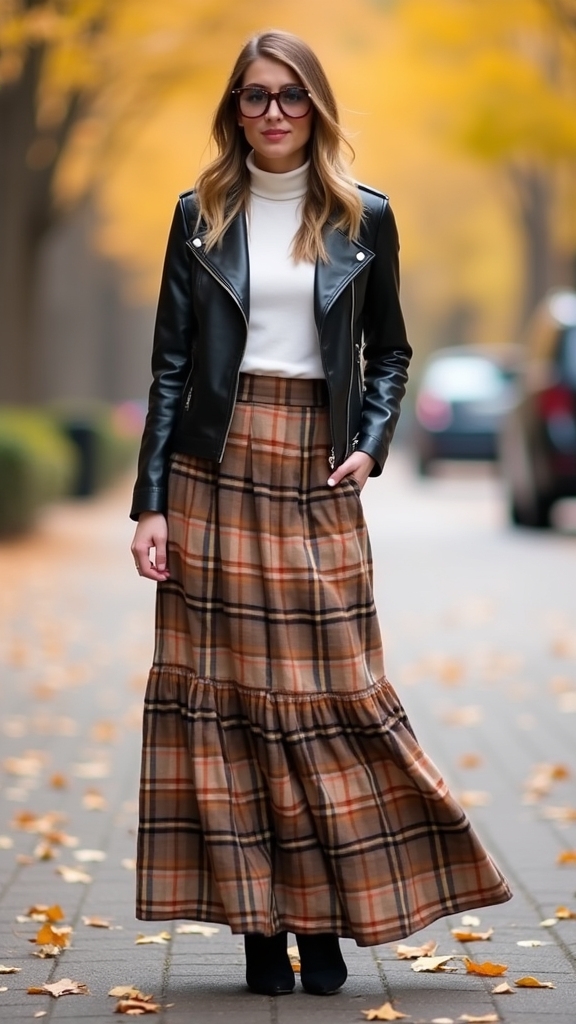 20 Chic Fall Long Skirt Outfits 2 plaid skirt leather jacket