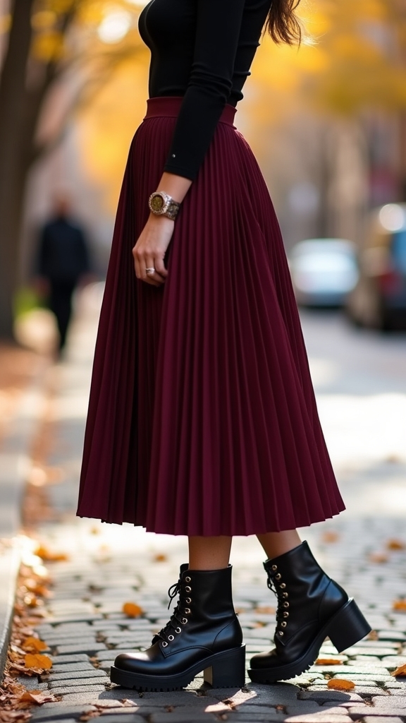 20 Chic Fall Long Skirt Outfits 11 pleated skirt chunky boots