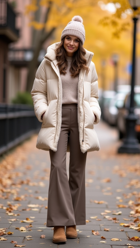 puffer coat flared pants