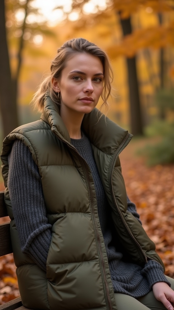 20 Cozy Fall Outfits for Lazy Days 10 puffer vest thermal tee pairing