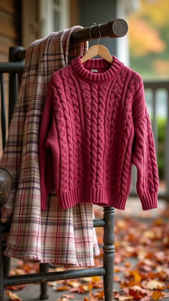 20 Chic Pink Fall Outfits 14 raspberry sweater plaid skirt