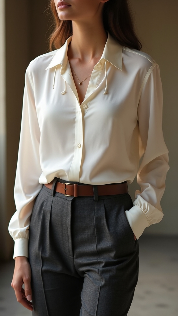 silk blouse high waisted slacks