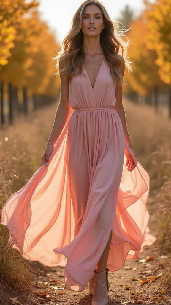20 Chic Pink Fall Outfits 13 soft pink maxi dress