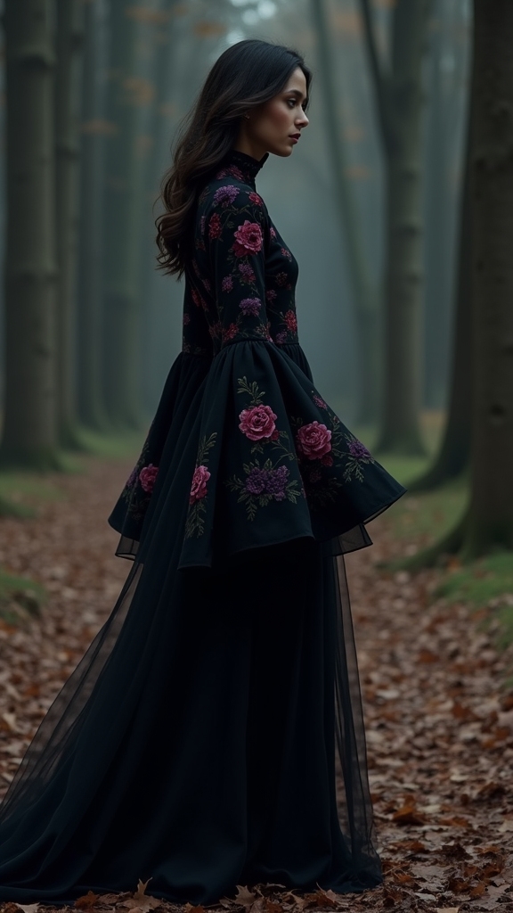 20 Hauntingly Beautiful Fall Goth Outfits 17 statement sleeves dark florals