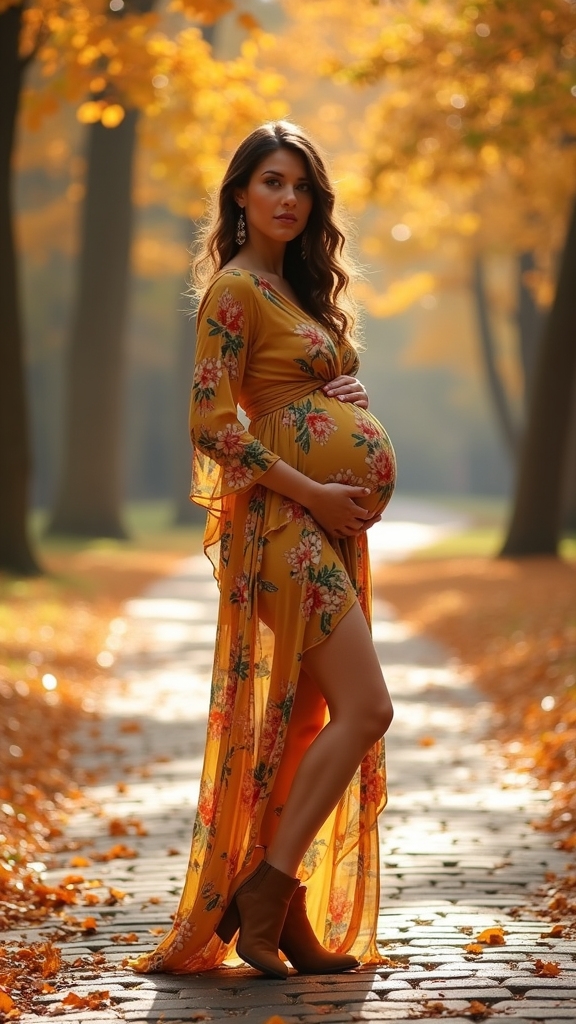 20 Cozy and Chic Fall Maternity Outfits 19 stylish printed maternity outfit
