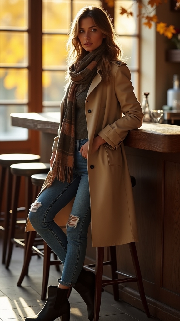 trench coat and denim combo
